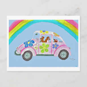 Cartão Postal De Convite Cachorros dachshund em um Carro Hippie
