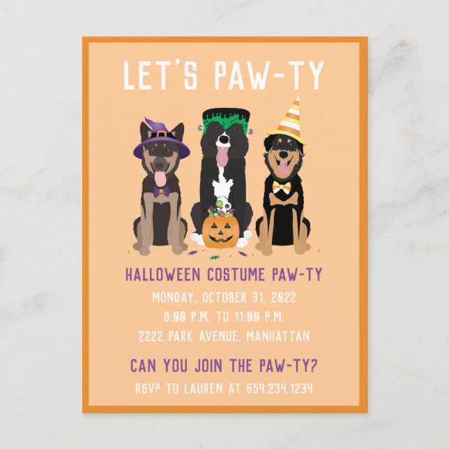 Cartão Postal De Convite Cachorros Pawty do Halloween (Frente)
