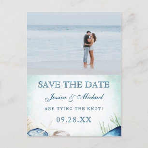 Cartão Postal De Convite Caligrafia de Praia em Aquarela Foto Save The Date