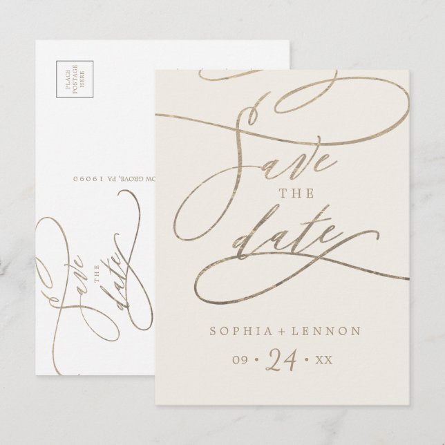 Cartão Postal De Convite Caligrafia Dourada romântica | Marinho Salva a Dat (Frente/Verso)