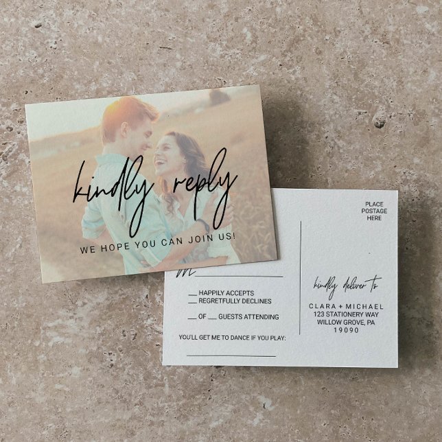 Cartão Postal De Convite Caligrafia Whimsical | RSVP de Música Fotográfica  (Criador carregado)