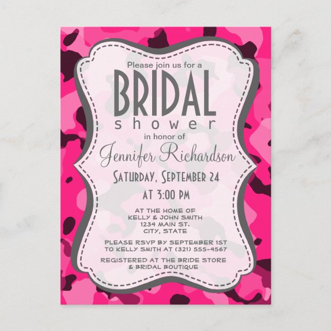 Cartão Postal De Convite Campanha cor-de-rosa profundo; Camuflagem (Frente)