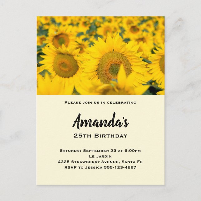 Cartão Postal De Convite Campo Amarelo de Girassóis Aniversário (Frente)