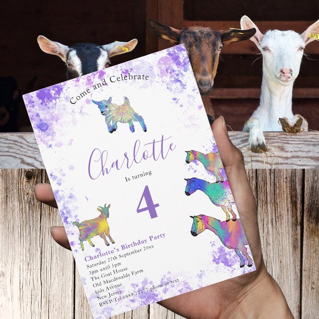 Cartão Postal De Convite Capats Kids 5 Birthday Foto Roxo (Cute goats farm animal watercolor colorful 4th birthday party budget invitation postcard )