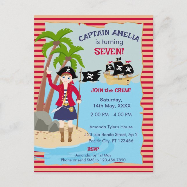 Cartão Postal De Convite Capitão da Festa de aniversário do navio pirata (Frente)