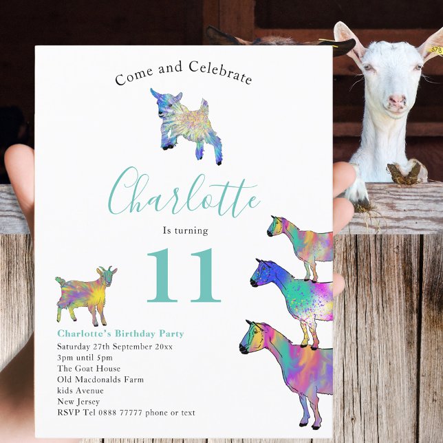 Cartão Postal De Convite Caprina Fazenda Festa de aniversário de Aquarela A (Cute goats colorful farm animal watercolor art 11th birthday party budget invitation postcard)