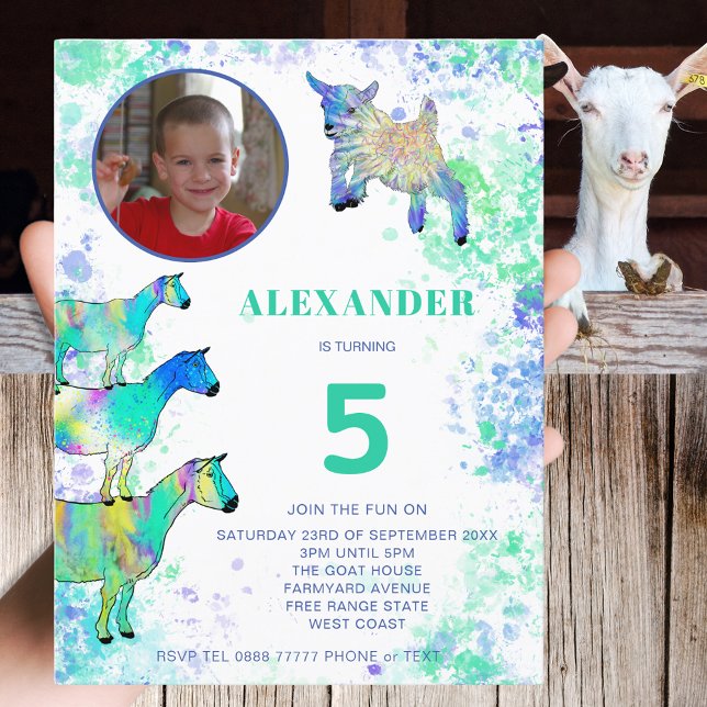 Cartão Postal De Convite Capta 5 de Arte Animal Fazenda Aniversário Orçamen (Cute goats farm animal 5th birthday party budget invitation photo template colorful watercolor art)