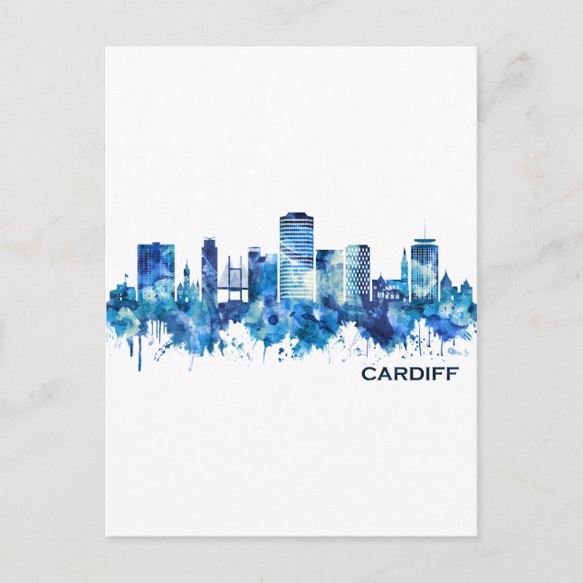 Cartão Postal De Convite Cardiff Wales Skyline Blue (Frente)