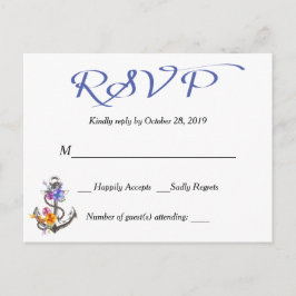 Cartão Postal De Convite Cartão Azul Floral Azul de Âncora RSVP Marítimo