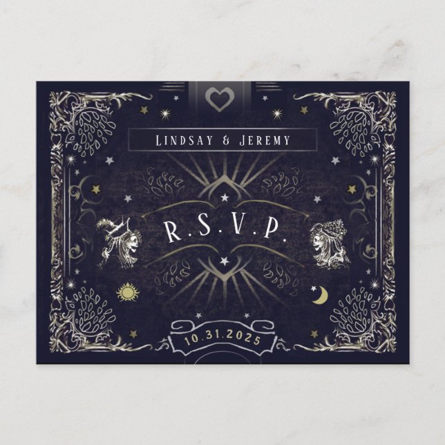 Cartão Postal De Convite Cartão de Marinho azul RSVP de Tarot do Halloween (Frente)
