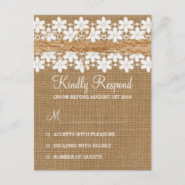Cartão Postal De Convite Cartão de Resposta de Casamento de Renda Rústica e