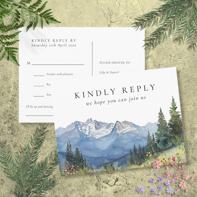 Cartão Postal De Convite Cartão de Resposta de Pedido de Música de Montanha (Watercolor Mountain Song Request RSVP Postcard)
