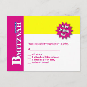 Cartão Postal De Convite Cartão de Resposta RSVP de Bat Mitzvah Magaine Cor