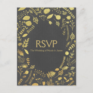 Cartão Postal De Convite Cartão de RSVP de casamento floral cinza carvão e