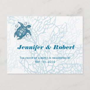 Cartão Postal De Convite Cartão-postal de Casamento de Aqua Turtle Love RSV