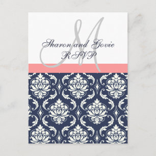 Cartão Postal De Convite Cartão-postal de Casamento tema damasco de Marinho