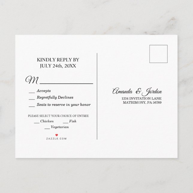 Cartão Postal De Convite Cartão-postal de resposta à caligrafia branca pret (Verso)