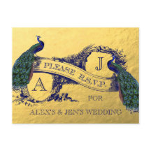 Cartão-postal de RSVP de Casamento de Pavão Gold F