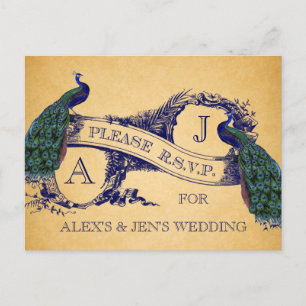 Cartão Postal De Convite Cartão-postal RSVP de Casamento vintage de Peacock