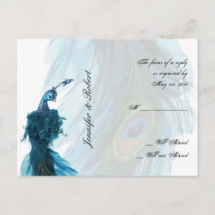 Cartão Postal De Convite Cartão-postal RSVP de Pluma de Peacock Azul Teal