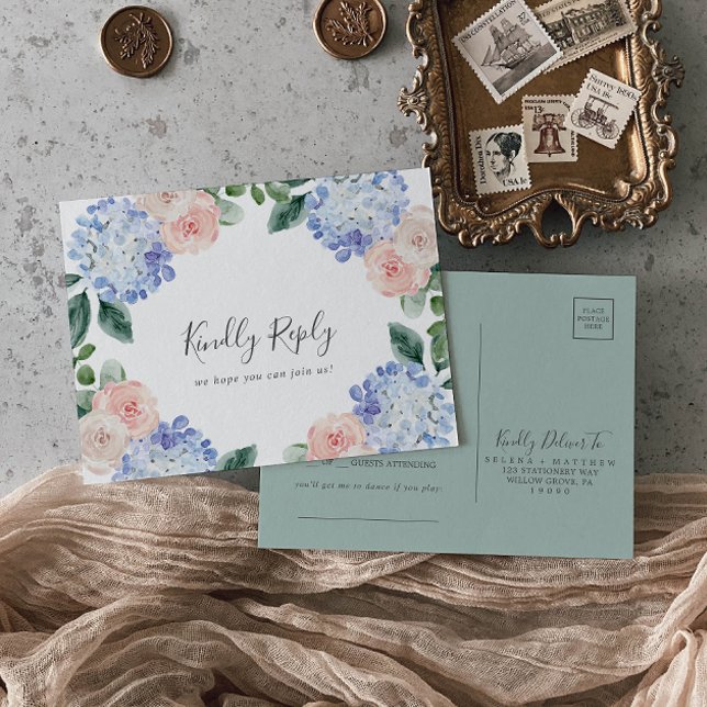 Cartão Postal De Convite Cartão-postal RSVP de Solicitação de Música Azul E (Criador carregado)