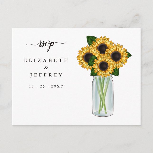 Cartão Postal De Convite Cartão-postal Rustic Mason Jar Sunflower RSVP (Frente)