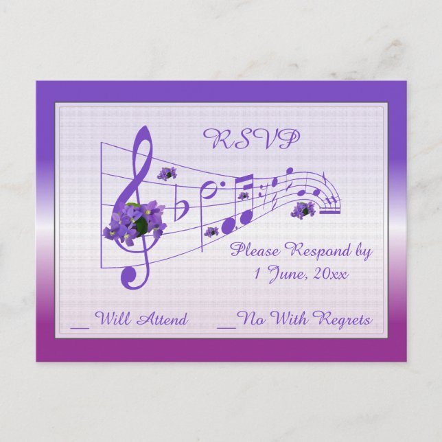 Cartão Postal De Convite Cartão RSVP de Casamento de Música e Violetas (Frente)