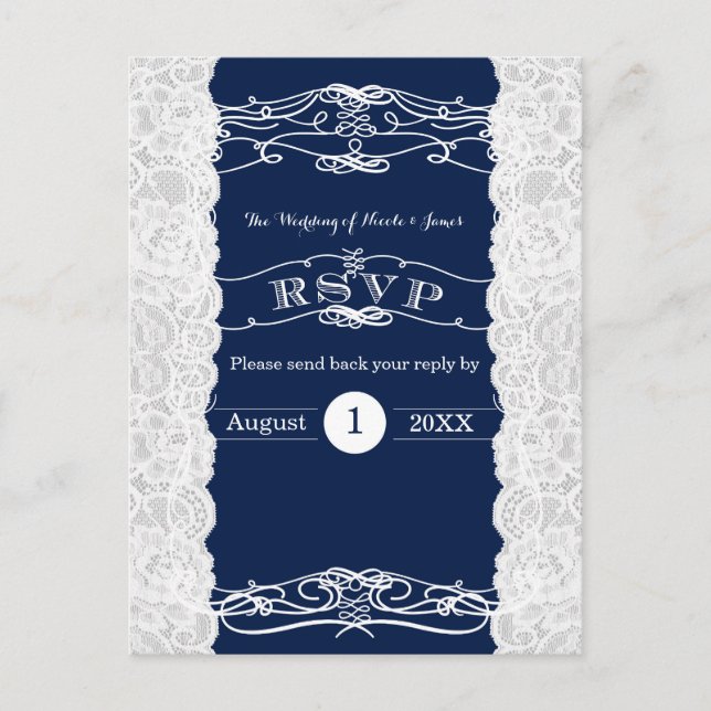 Cartão Postal De Convite Cartão RSVP de Casamento Elegante de Lace Azul e B (Frente)