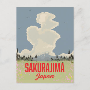 Cartão Postal De Convite Cartaz de viagem retrô do Sakurajima Japão.