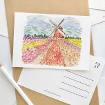 Cartão Postal De Convite Cartaz-postal de Tulip Fields na Holanda<br><div class="desc">Um cartão postal com viagem de aquarelas pintado de forma elegante,  com campos de tulipas nos Países Baixos.</div>