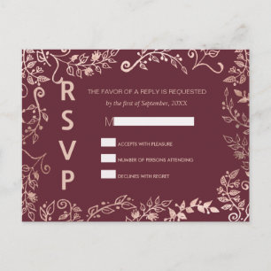 Cartão Postal De Convite Cartões-postais RSVP Floral Dourado da Rosa vermel