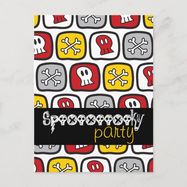 Cartão Postal De Convite Cartoon Skulls & Bones Padrão Festa de Halloween (Frente)