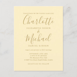 Cartão Postal De Convite Casamento Amarelo Botão-de-ouro E Dourado