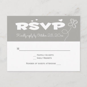 Cartão Postal De Convite Casamento Borboleta & Corações RSVP Cinza & Branco