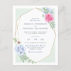 Cartão Postal De Convite Casamento Botânico de Rosas Aqua e Rosa