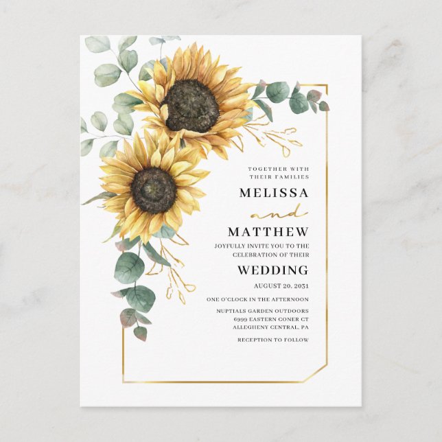 Cartão Postal De Convite Casamento Botânico de Sunflower Eucalyptus (Frente)