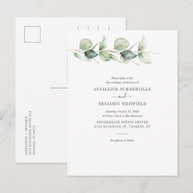 Cartão Postal De Convite Casamento Botânico Eucalyptus Greenery Foliage (Frente/Verso)