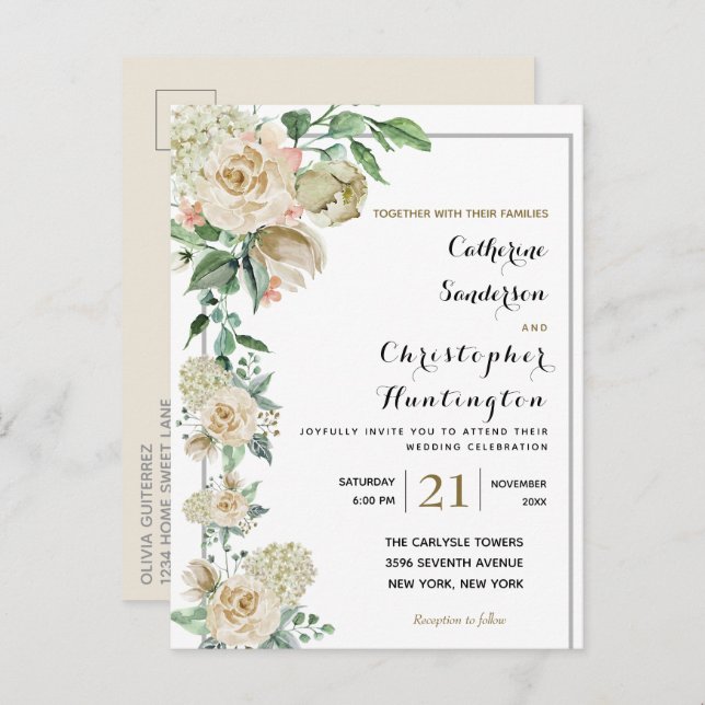 Cartão Postal De Convite Casamento Botânico Floral de Aquarela Elegante (Frente/Verso)