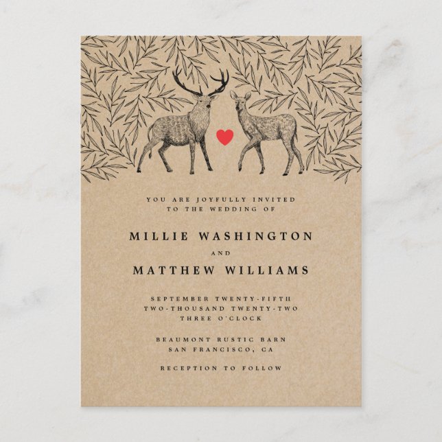 Cartão Postal De Convite Casamento Botânico Rustic Kraft Woodland Buck & Do (Frente)