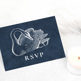 Cartão Postal De Convite Casamento Cisne Branco Azul Marinho RSVP