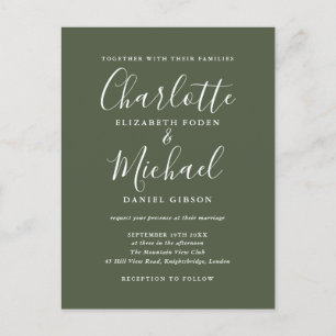 Cartão Postal De Convite Casamento com Letra de Cursiva Verde Oliva