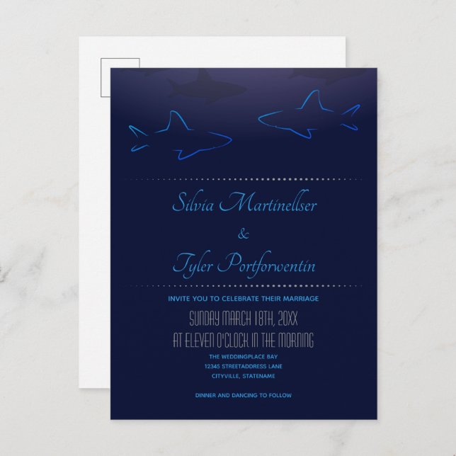 Cartão Postal De Convite Casamento com Tubarões do Oceano Azul (Frente/Verso)
