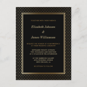Cartão Postal De Convite Casamento de Bolinhas de folhas pretas e douradas