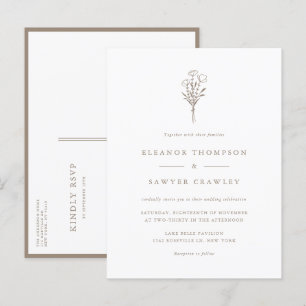 Cartão Postal De Convite Casamento de Buquê Floral Minimalista Taupe