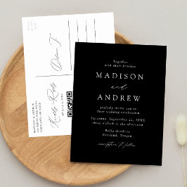 Cartão Postal De Convite Casamento de Código QR Branco e Preto Elegante Mod