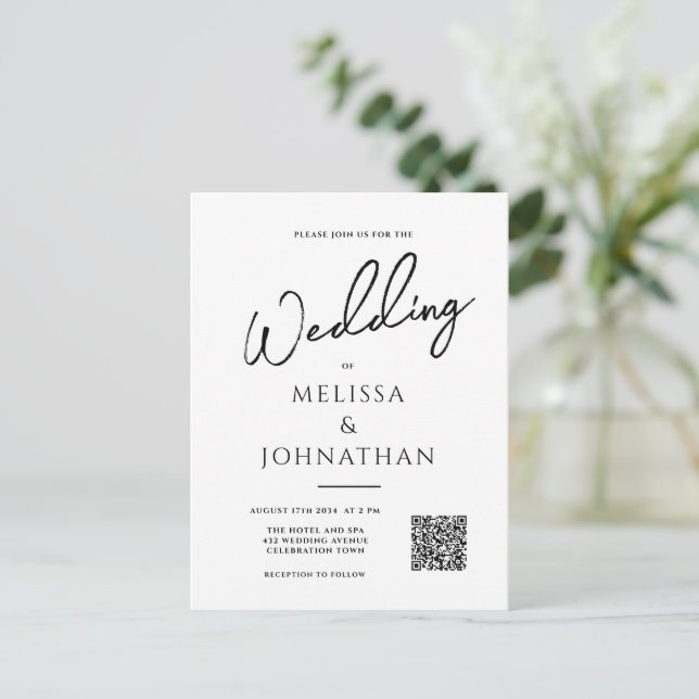 Cartão Postal De Convite Casamento de Código QR Elegante de Script Minimali (Em pé/Frente)