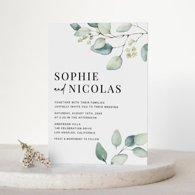 Cartão Postal De Convite Casamento de Código QR Eucalyptus Verde Sage (Watercolor Sage Green Eucalyptus Wedding Invitation Postcard)
