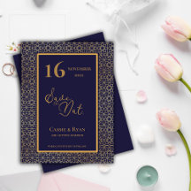 Casamento de Design Dourado Azul Salve a Data