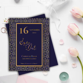 Cartão Postal De Convite Casamento de Design Dourado Azul Salve a Data