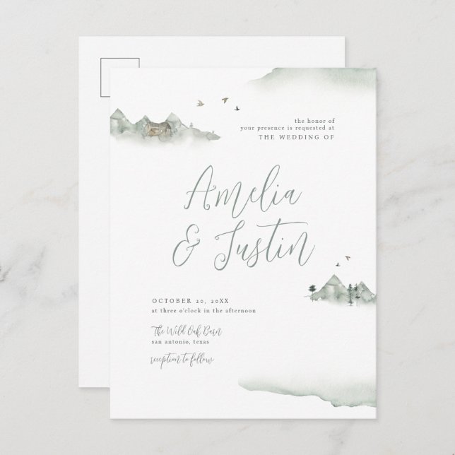Cartão Postal De Convite Casamento de Destino Externo das Montanhas de Aqua (Frente/Verso)